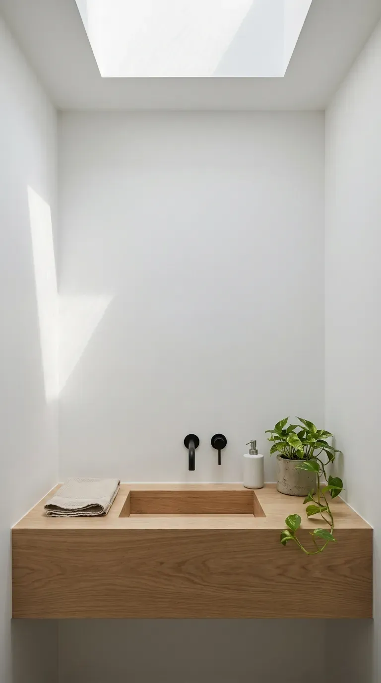 12 Gorgeous Powder Room Ideas for a Stunning Space 3 Modern powder room featuring a floating white oak vanity and black fixtures