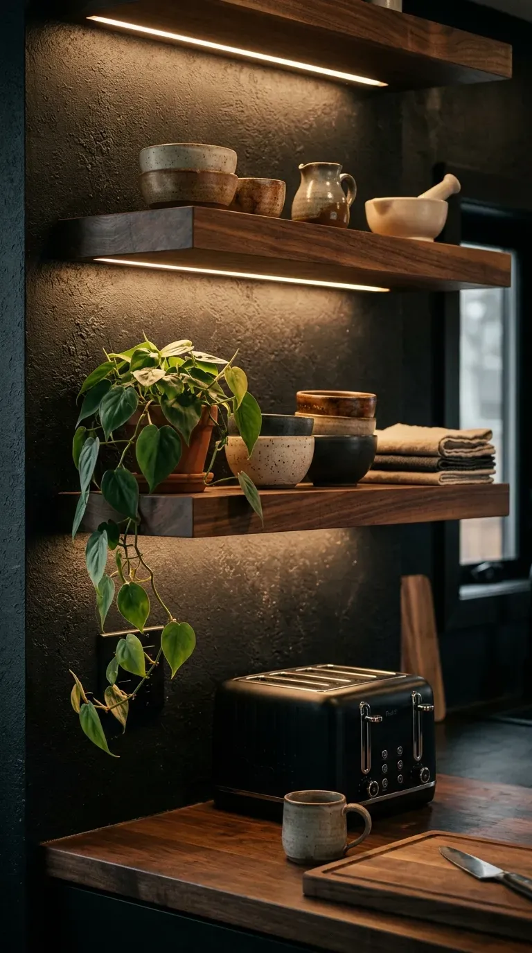 Thick walnut floating shelves with glowing under-mount LED lights