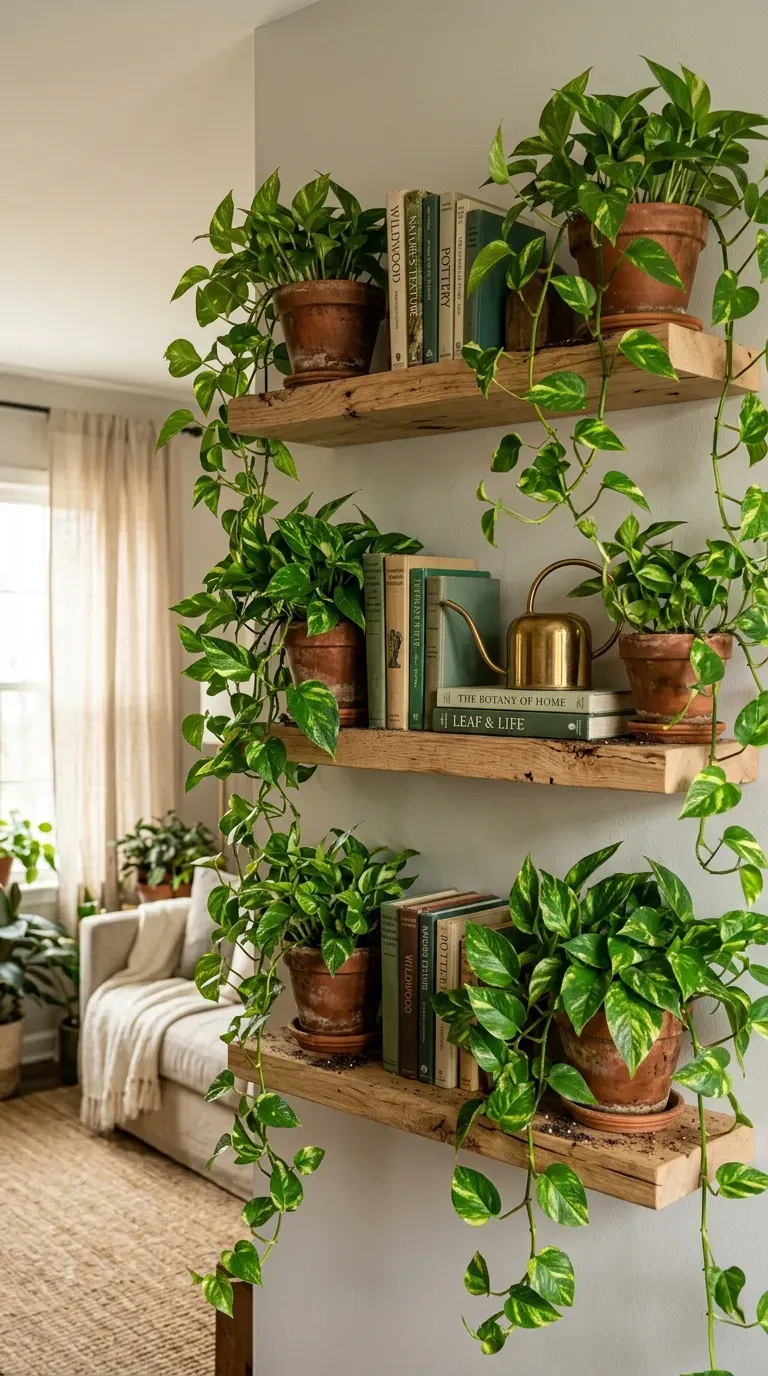 15 Genius Aesthetic Room Ideas You Need to Try 6 Wooden floating shelves heavily draped with lush green trailing pothos plants