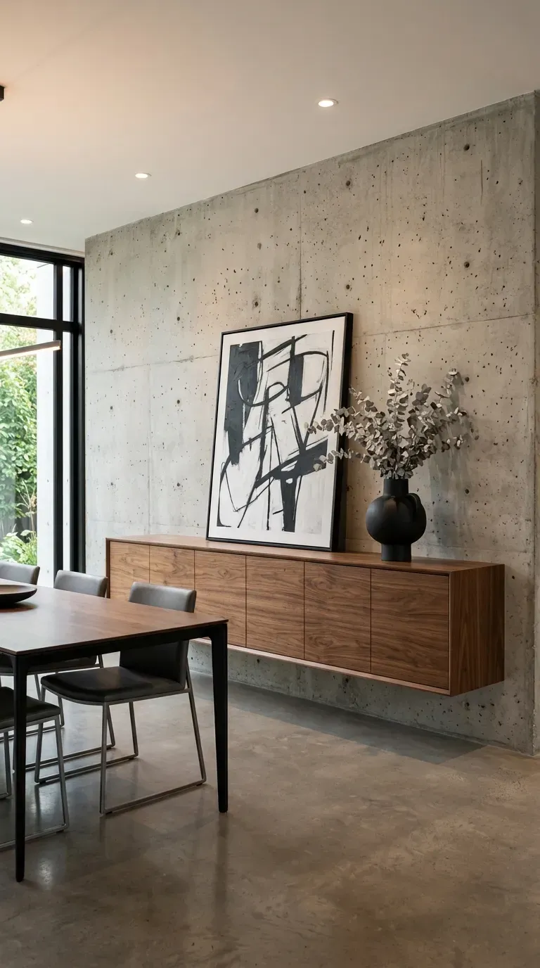 12 Aesthetic Dining Room Wall Decor Styles to Copy Today 13 A modern dining room featuring a sleek, wall-mounted floating walnut sideboard