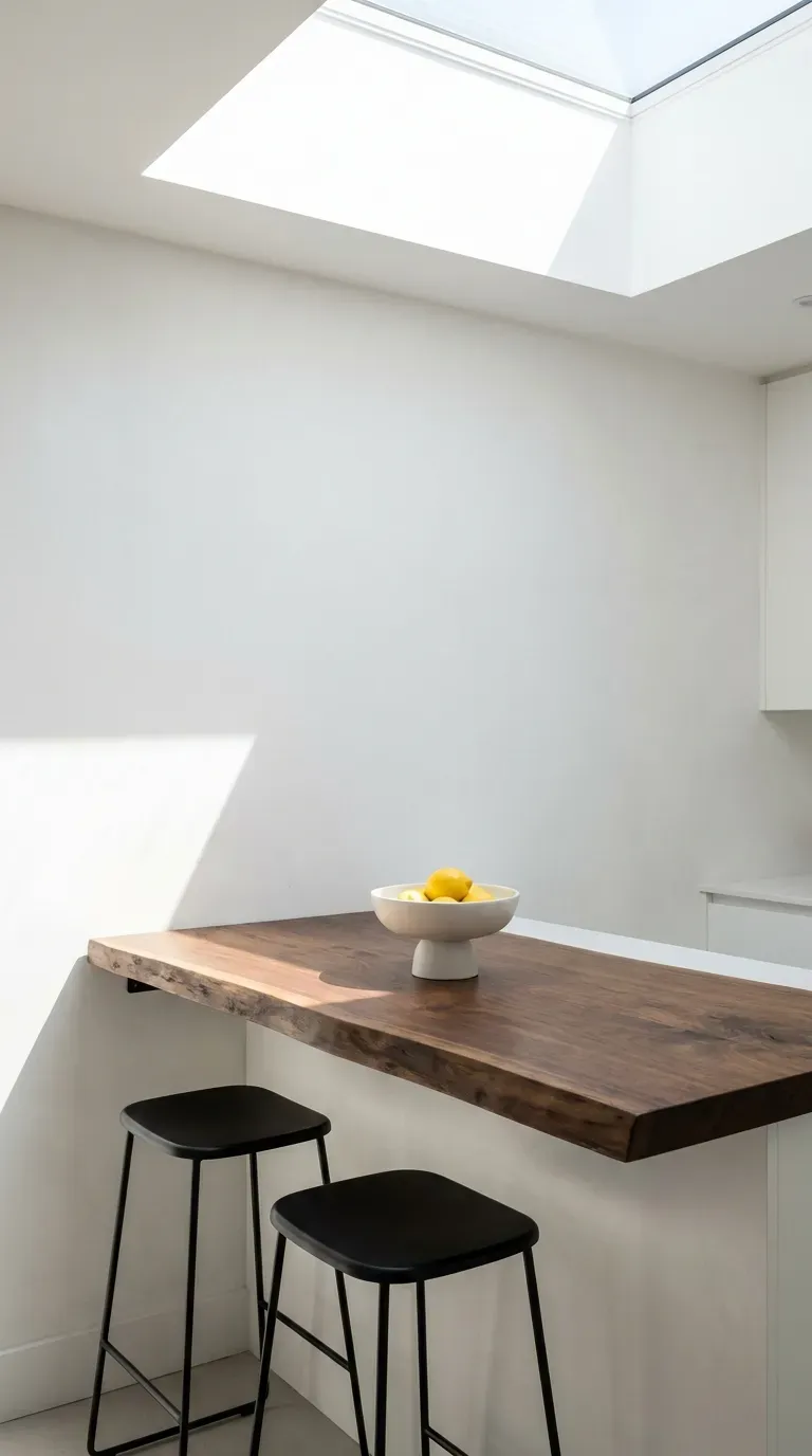 A floating wooden counter mounted directly to a white kitchen wall
