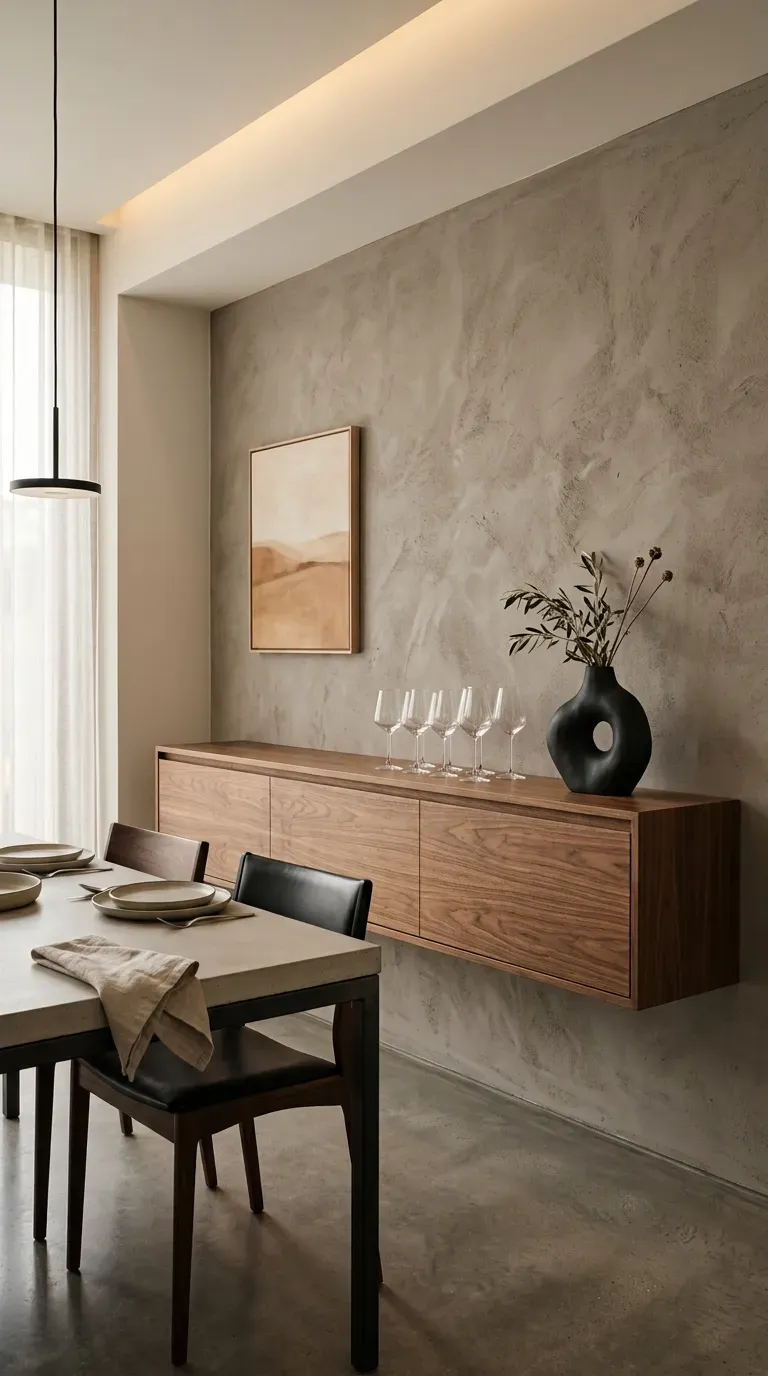 10 Must-Try Small Dining Room Ideas That Look Expensive 10 A sleek wall-mounted walnut floating credenza in a modern dining space