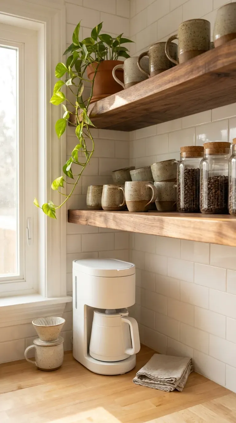 15 Genius Coffee Corner Ideas You Need to Try 3 Floating walnut shelves styling a cozy home coffee station