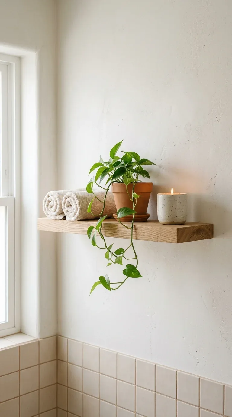 17 Minimalist Bathroom Ideas on a Budget 15 A floating wood shelf styled with towels and a plant in a minimalist bathroom