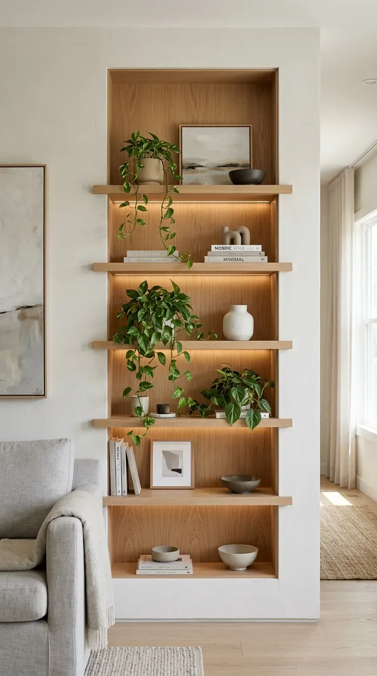 15 Genius Living Room Decor Ideas You Need to Try 9 A contemporary living room with floating white oak shelves built into niches