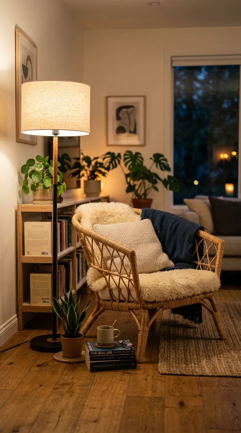 A floor lamp with a linen shade providing warm ambient light in a living room corner