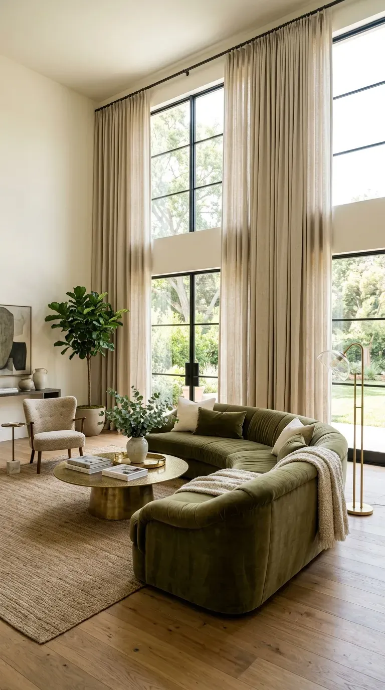 15 Genius Living Room Decor Ideas You Need to Try 3 An elegant living room with massive floor-to-ceiling oatmeal linen drapes