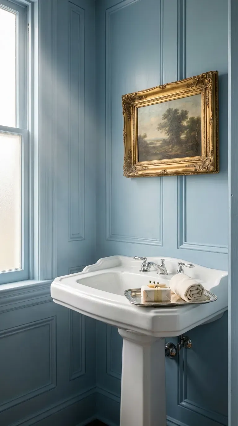 12 Gorgeous Powder Room Ideas for a Stunning Space 5 Dusty blue floor-to-ceiling wainscoting in an elegant half bathroom