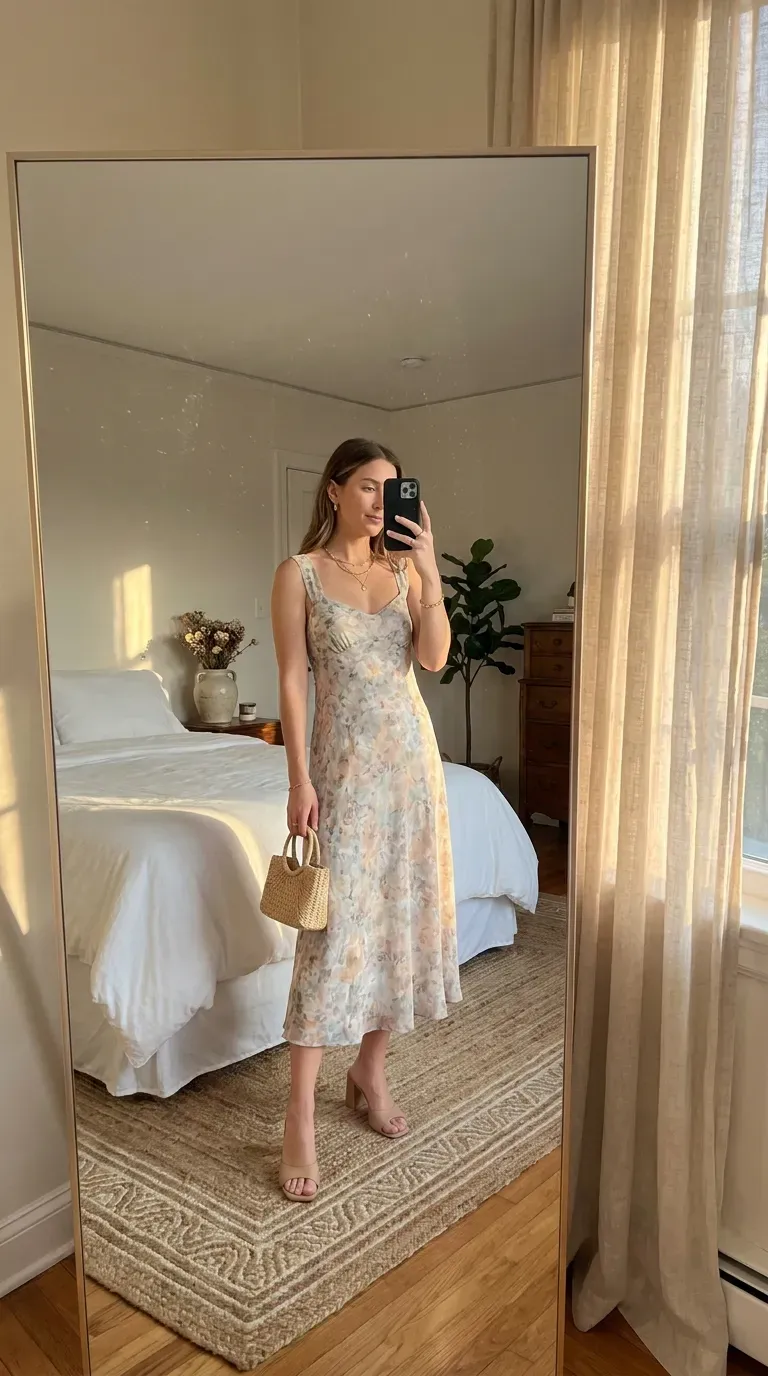 Woman wearing a floral midi dress taking an iPhone mirror selfie.
