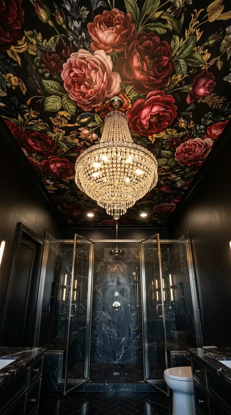 10 Must-Try Bathroom Wallpaper Ideas That Look Expensive 9 A bold bathroom featuring plain black walls and a ceiling covered in floral wallpaper