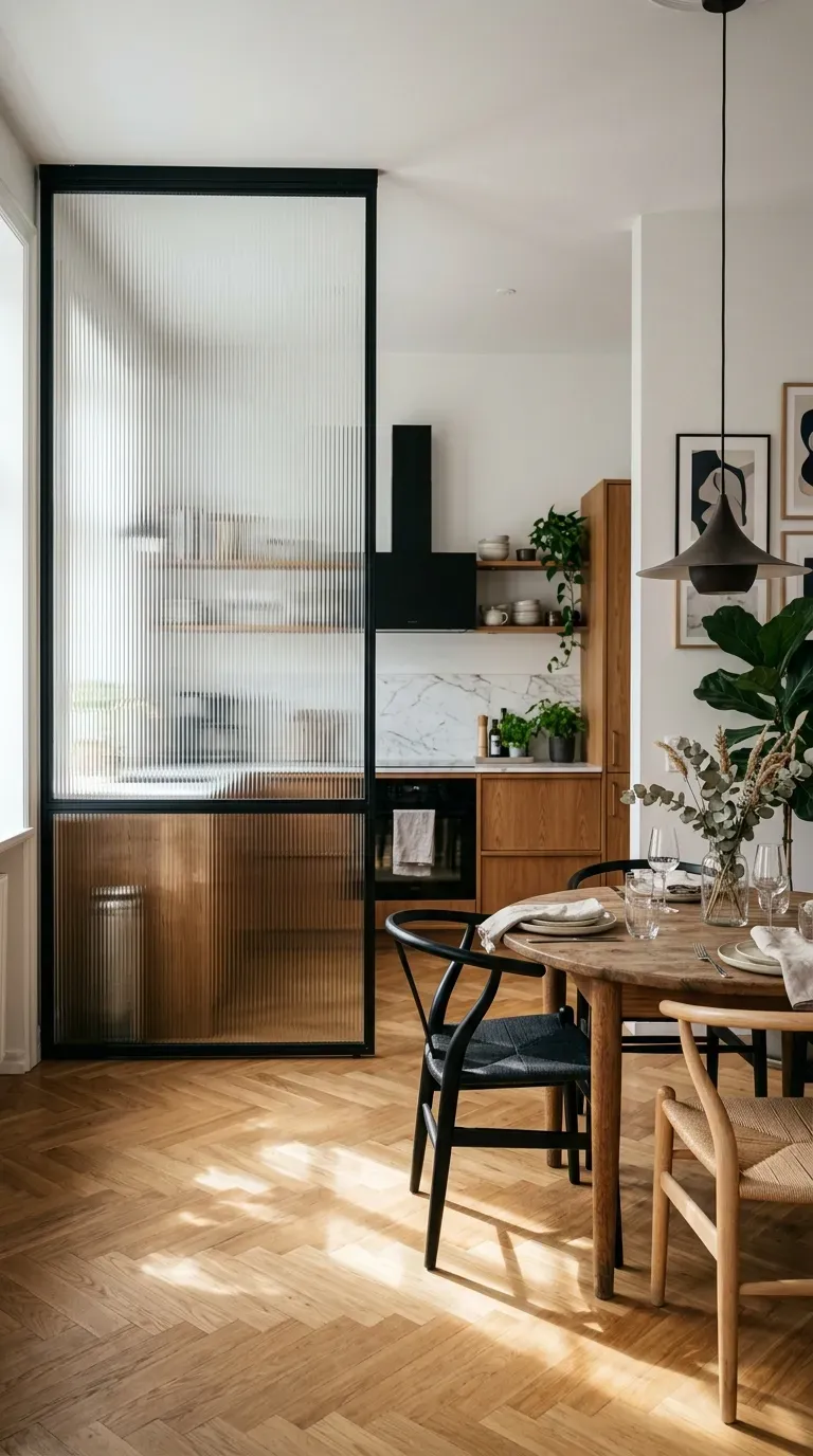 An open kitchen partially separated by a fluted glass and black steel screen