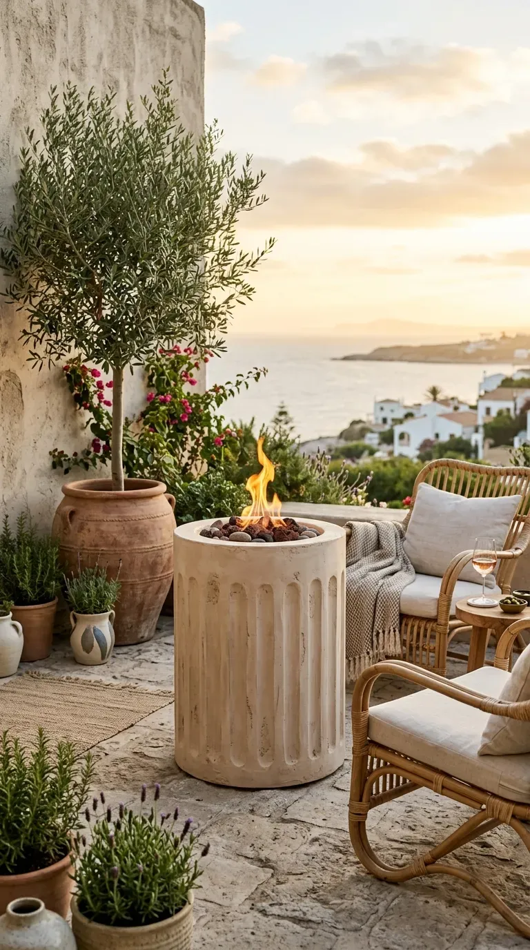 A Mediterranean-style fluted plaster fire pit glowing on a patio
