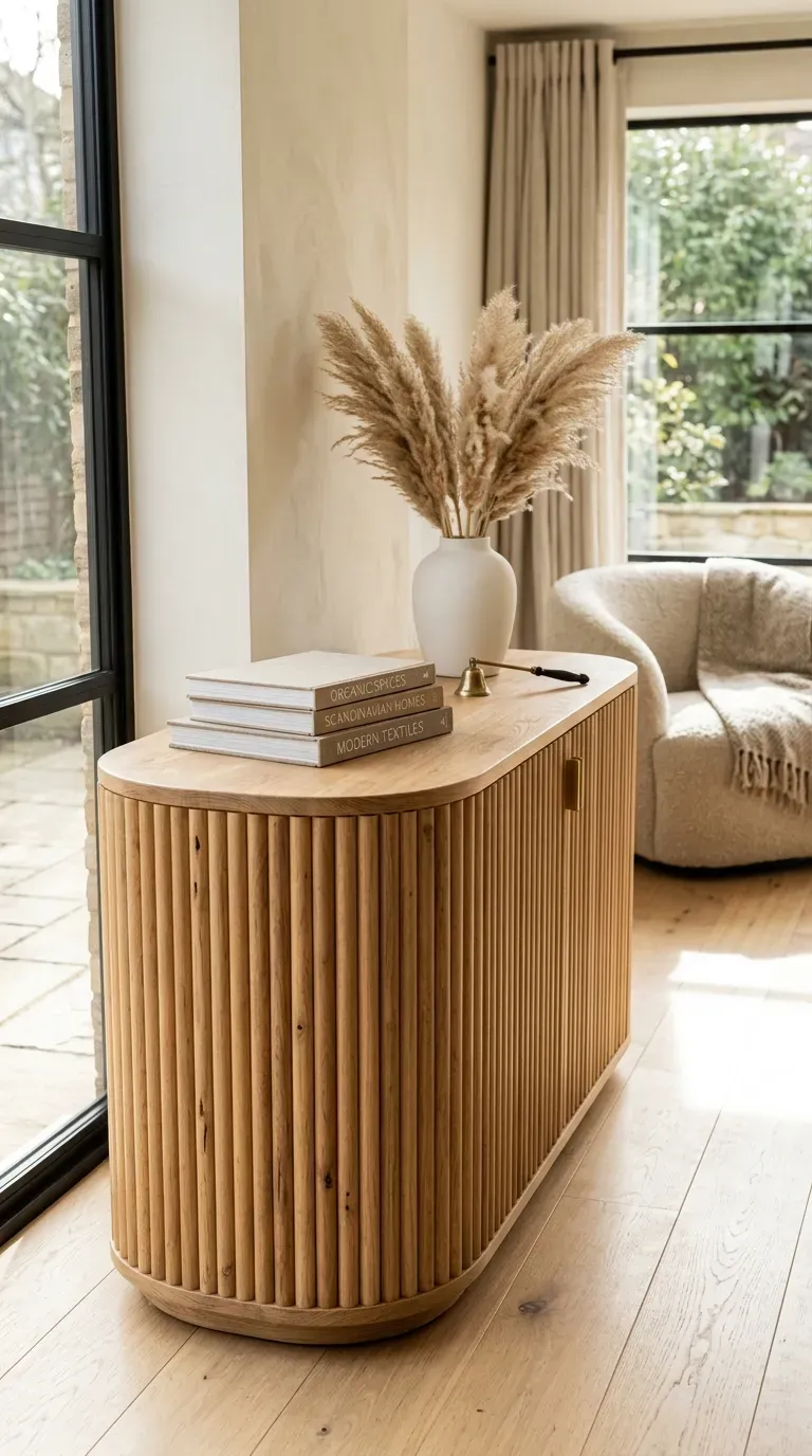 A chic, freshly renovated fluted wood sideboard in a living room