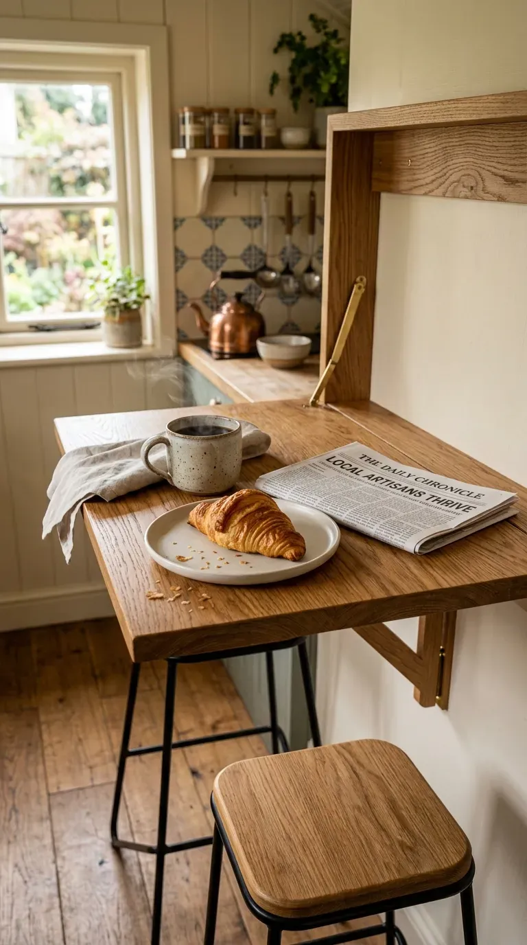 A wooden fold-down wall table set with a coffee cup and croissant