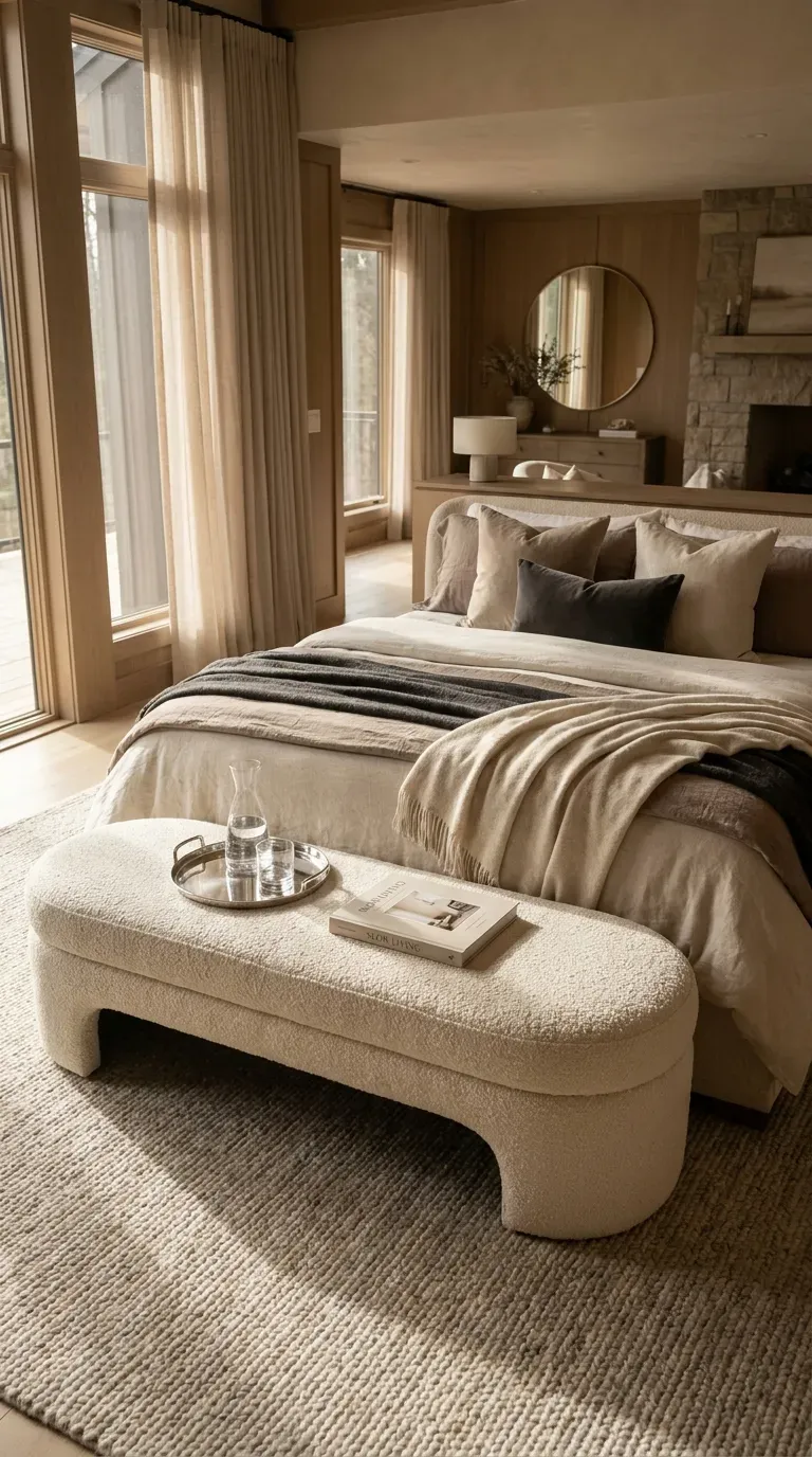 A luxurious upholstered bench at the foot of a plush bed