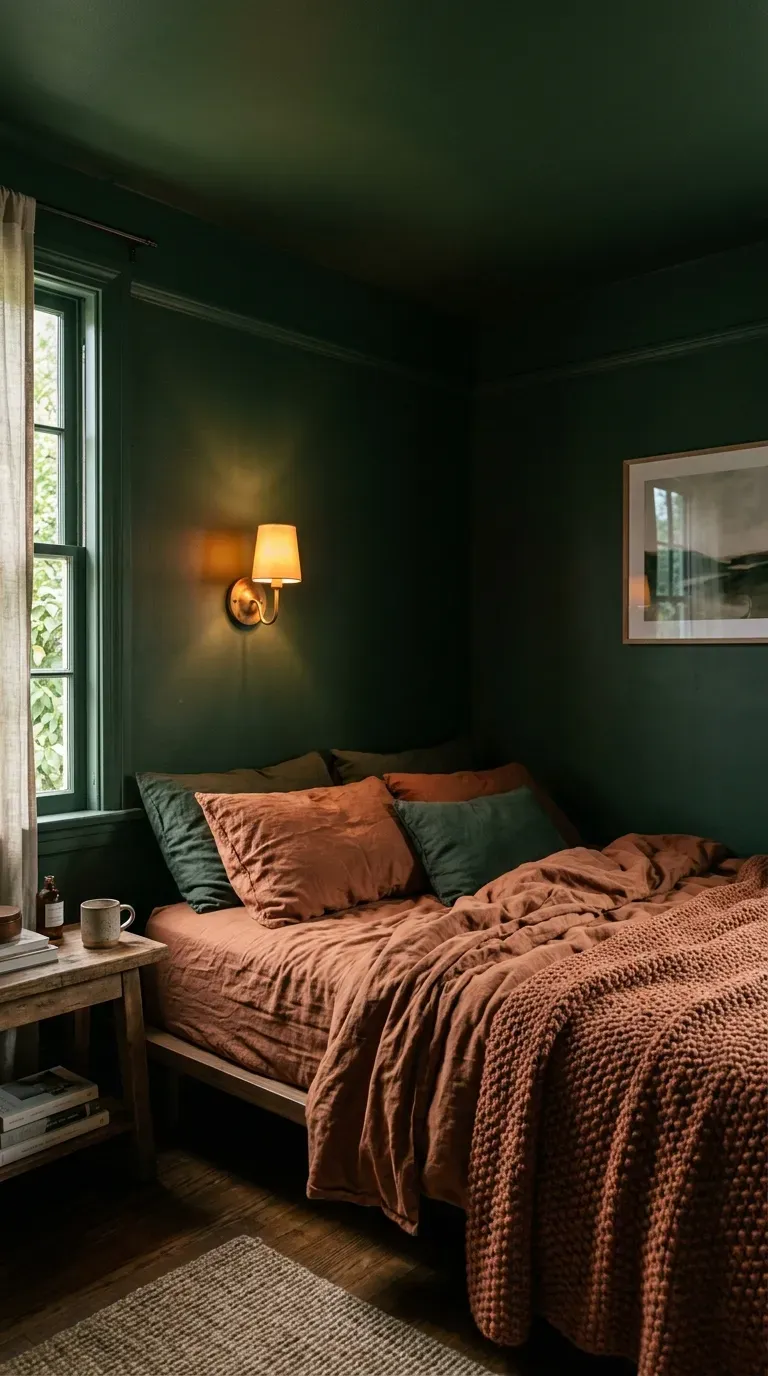 15 Genius Color Drenching Room Ideas You Need to Try 4 A serene bedroom color-drenched in a lush, dark forest green