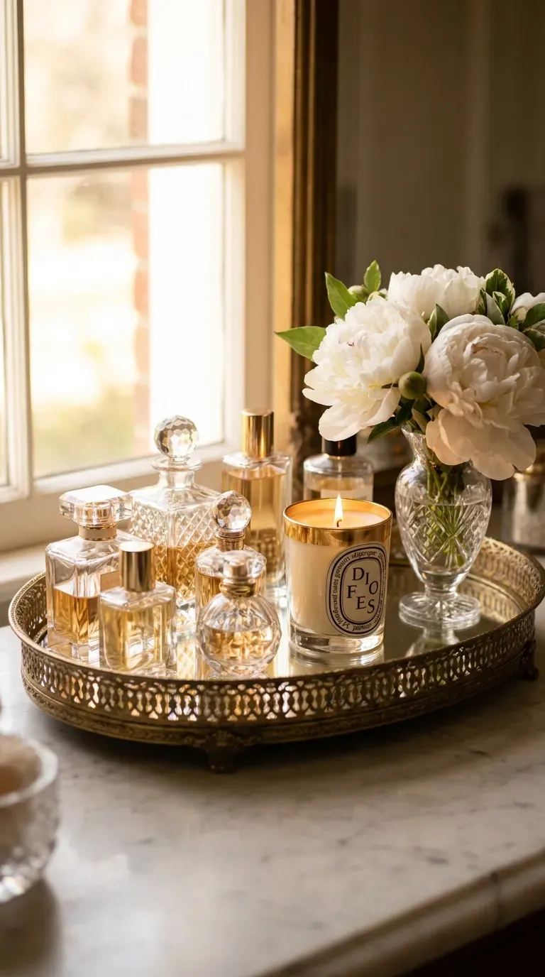 A mirrored tray holding glass perfume bottles and a lit candle