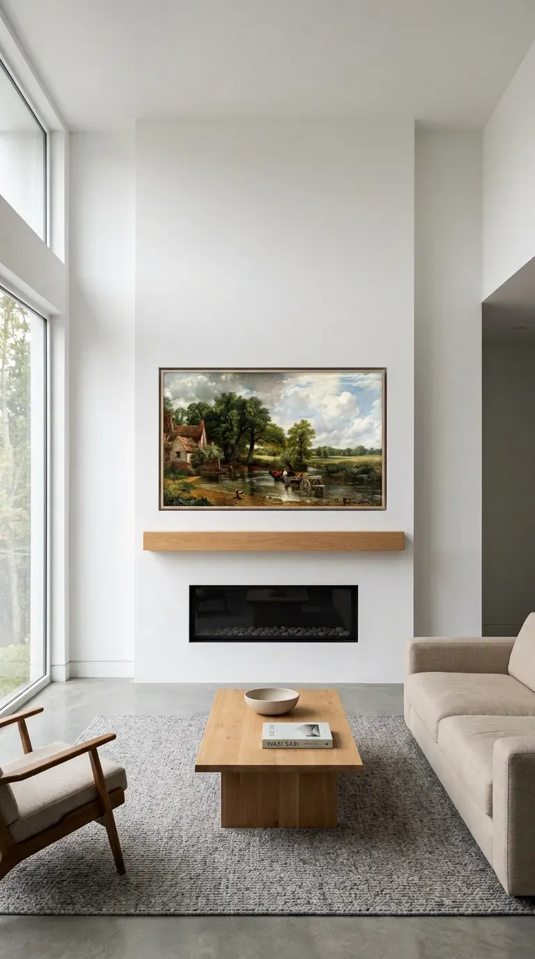 15 Genius Living Room Decor Ideas You Need to Try 13 A minimalist living room with a frame TV displaying classic art