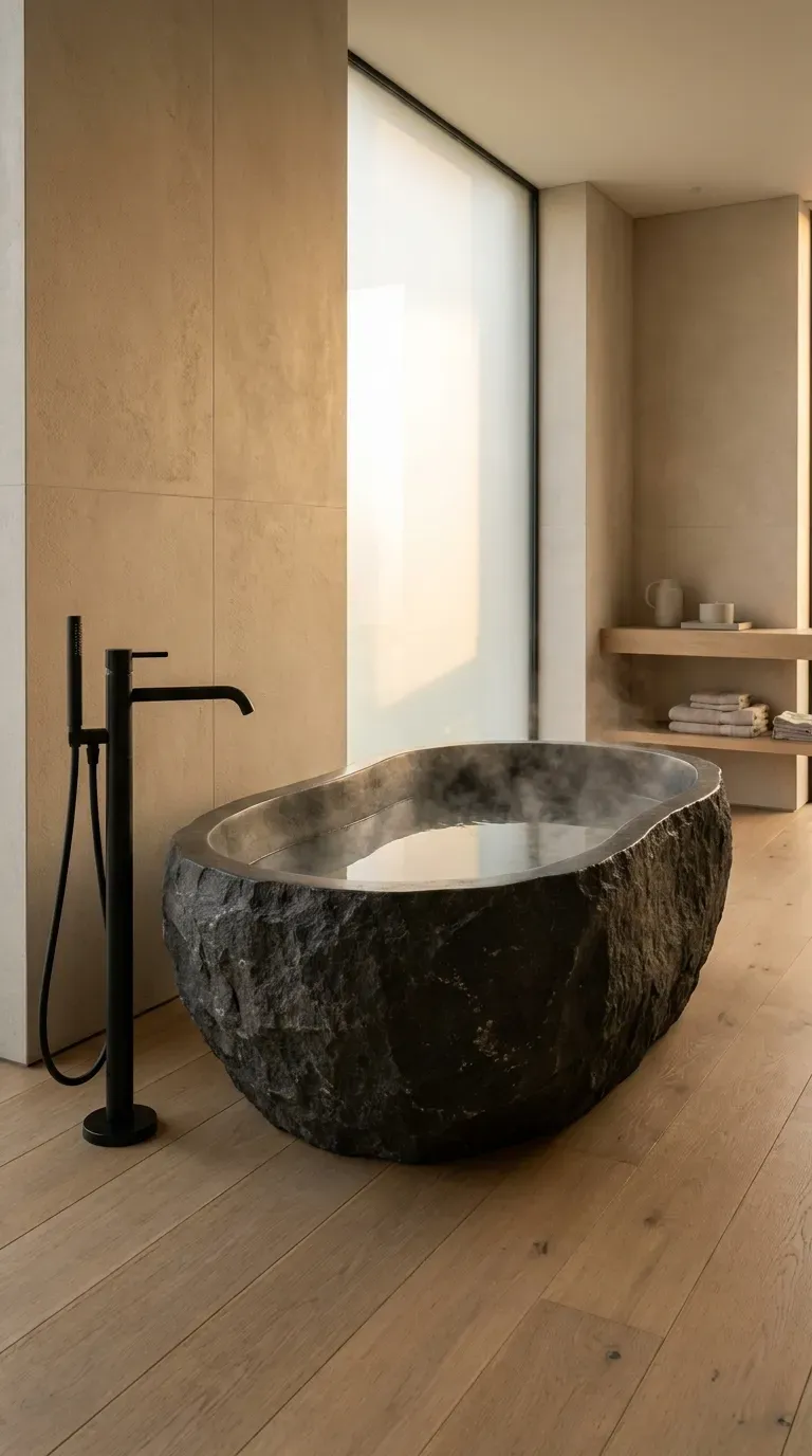 12 Aesthetic Bathroom Decor Ideas for a Gorgeous Space 12 A luxurious, modern freestanding bathtub carved from natural dark stone