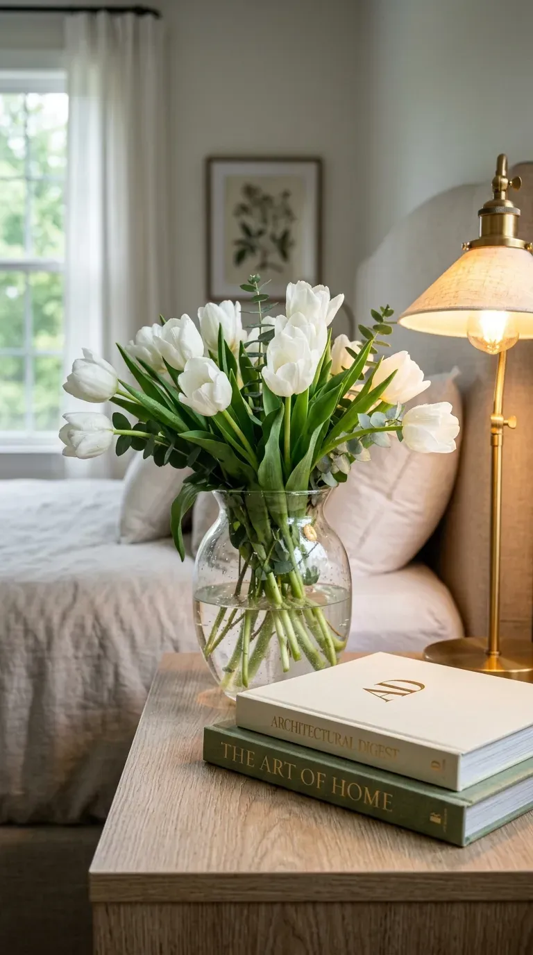 A vase of fresh white tulips on a wooden guest room nightstand