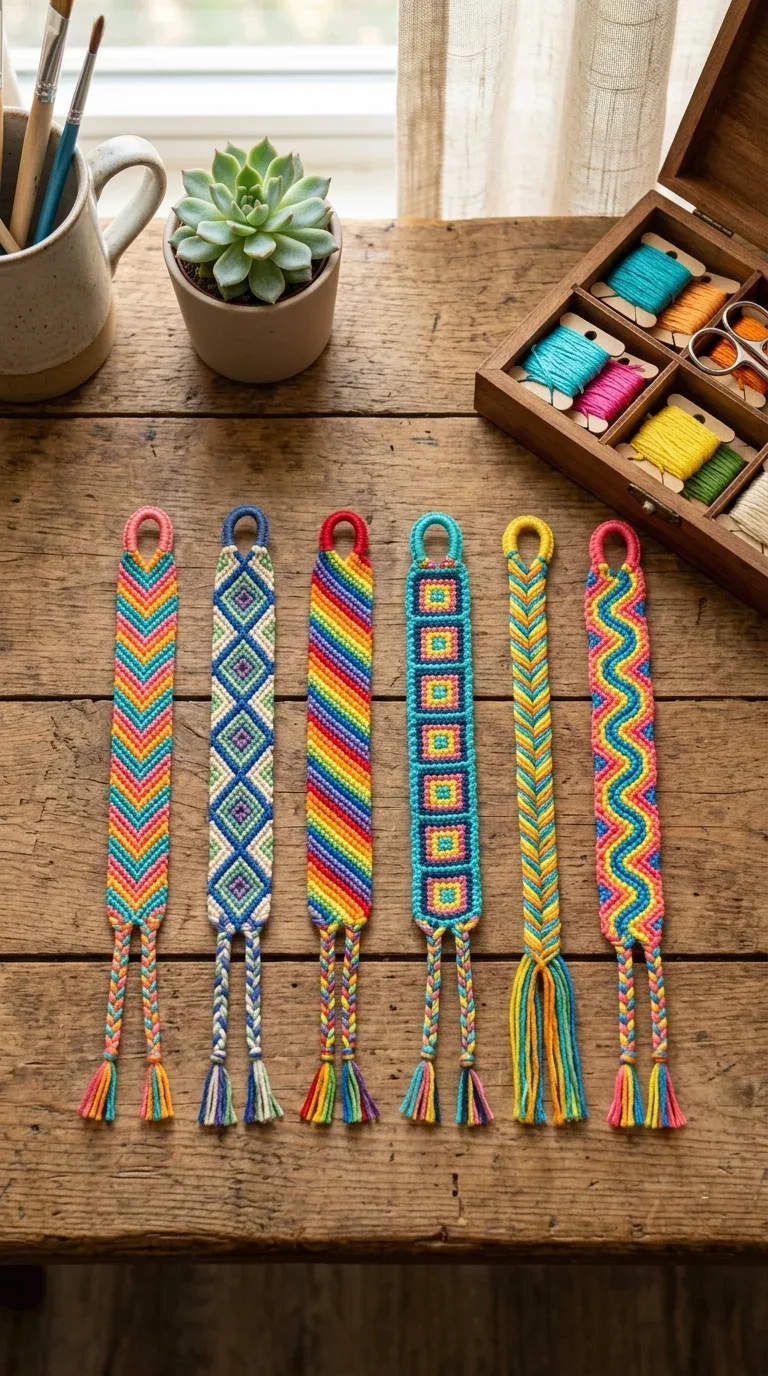18 Fun Summer Craft Activities for Any Age 10 Colorful handmade friendship bracelets made from embroidery floss laid out on a table