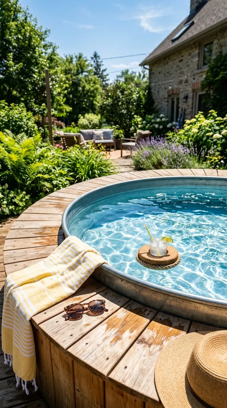 15 Genius DIY Patio Ideas You Need to Try 10 Galvanized steel stock tank pool filled with clear water surrounded by a wooden deck