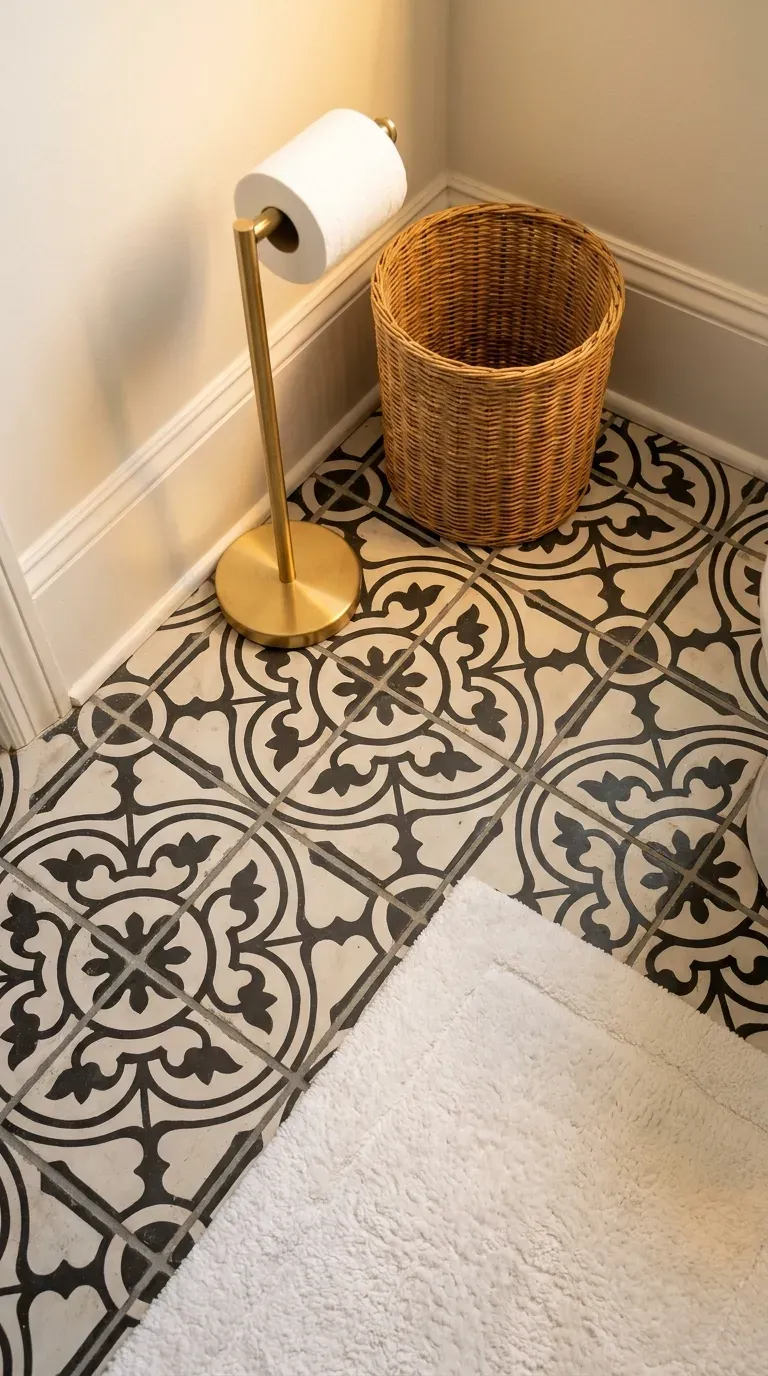 12 Gorgeous Powder Room Ideas for a Stunning Space 7 Black and white geometric floor tiles in a chic powder room
