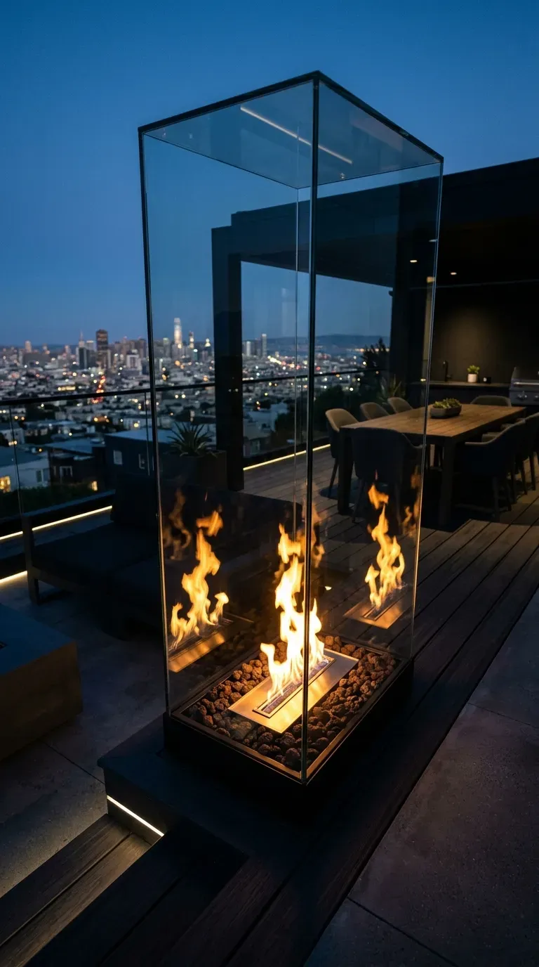 A sleek modern fire wall enclosed in thick architectural glass
