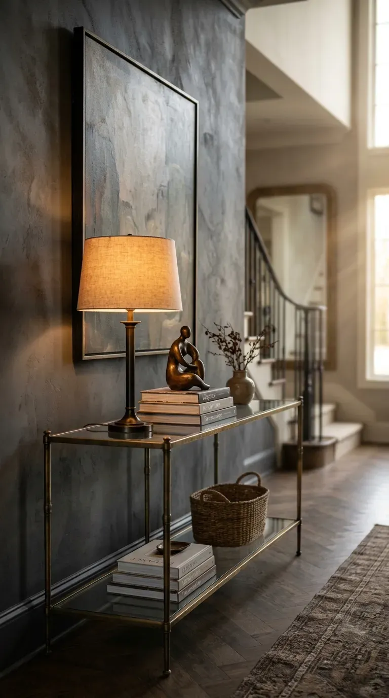 Elegant double-tiered glass and brass console table in a foyer