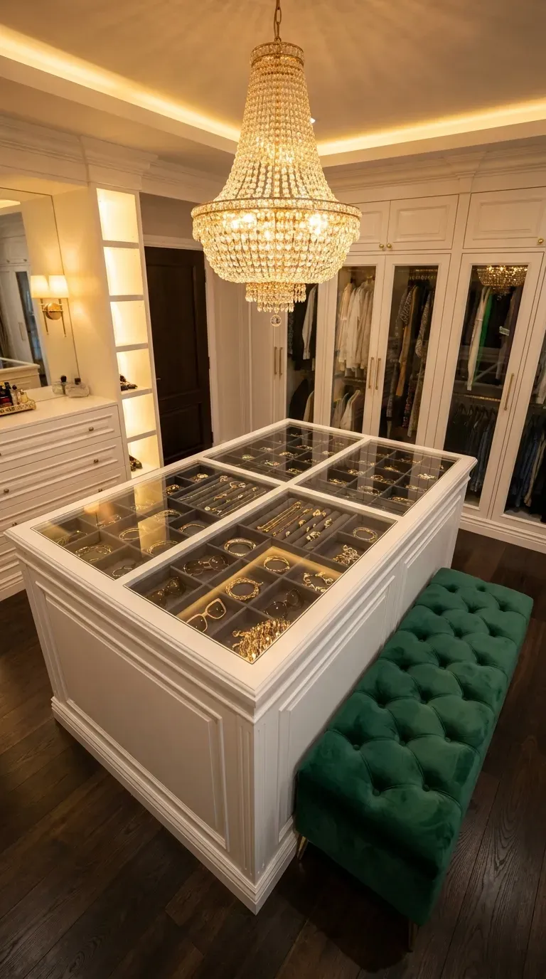 A central dressing room island with a glass top displaying jewelry