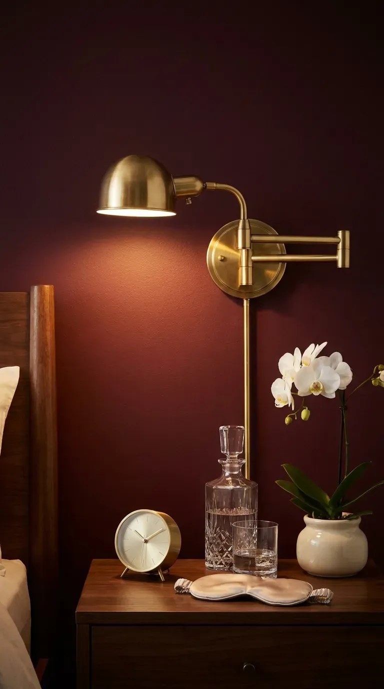 A burgundy bedroom wall featuring elegant brass wall sconces