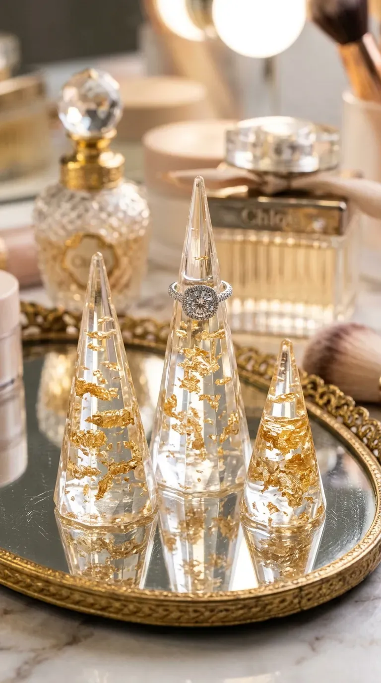 Clear resin ring holder cones filled with floating gold leaf flakes