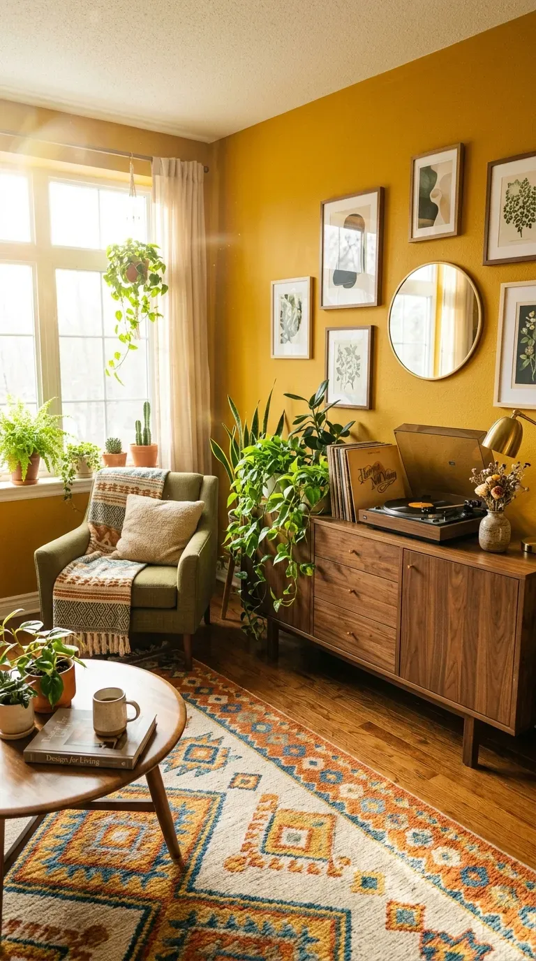 15 Genius Living Room Paint Color Ideas You Need to Try 8 A cheerful living room painted in a vibrant, earthy golden mustard