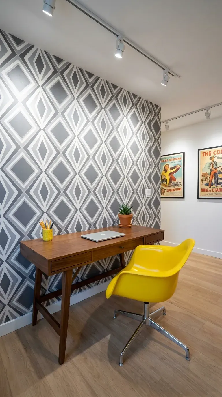 12 Genius Yellow and Gray Color Combo Ideas You Need to Try 9 A retro home office with gray geometric wallpaper and a bright yellow chair