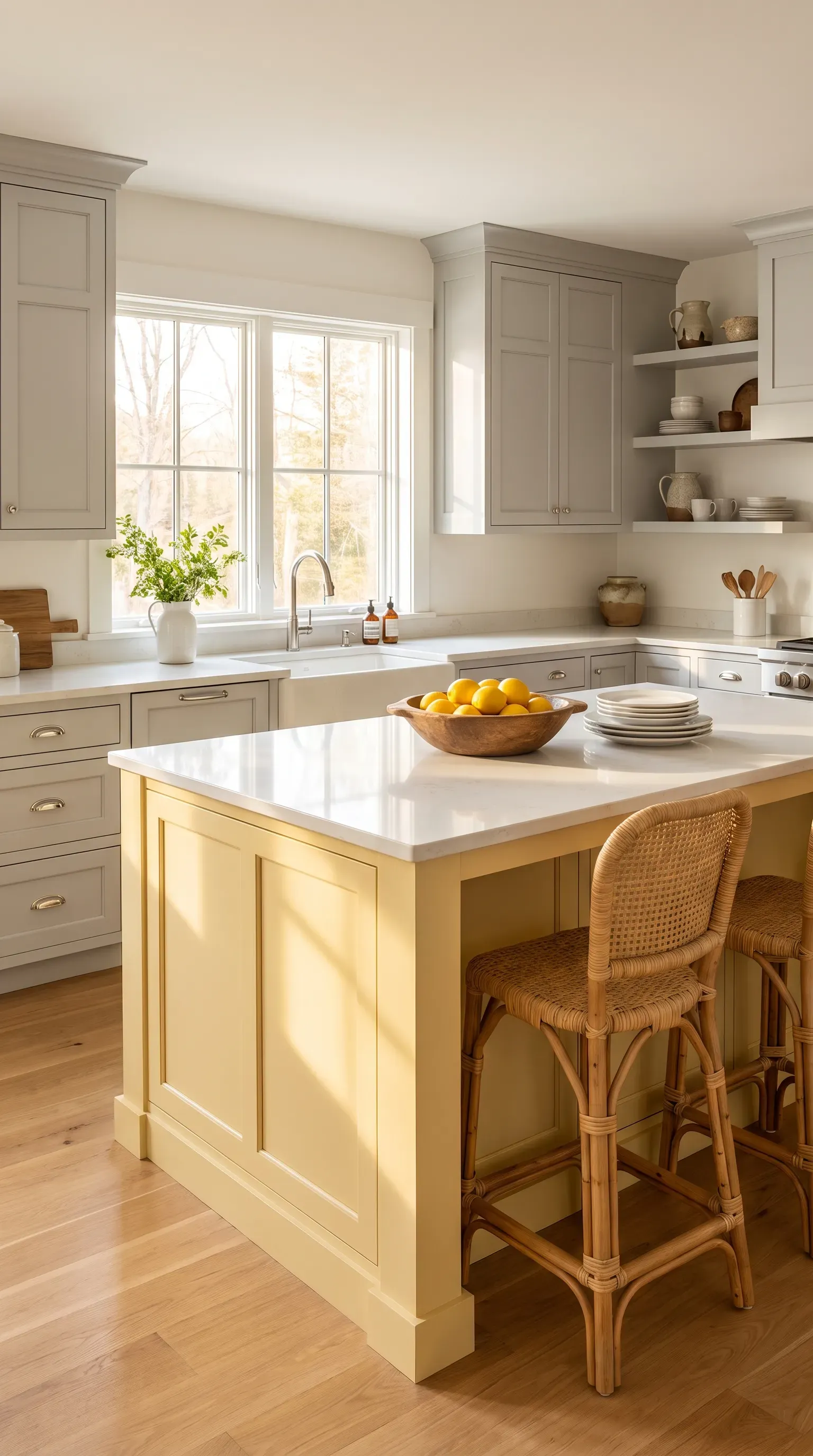 12 Genius Yellow and Gray Color Combo Ideas You Need to Try 5 A farmhouse kitchen with gray cabinets and a butter yellow center island