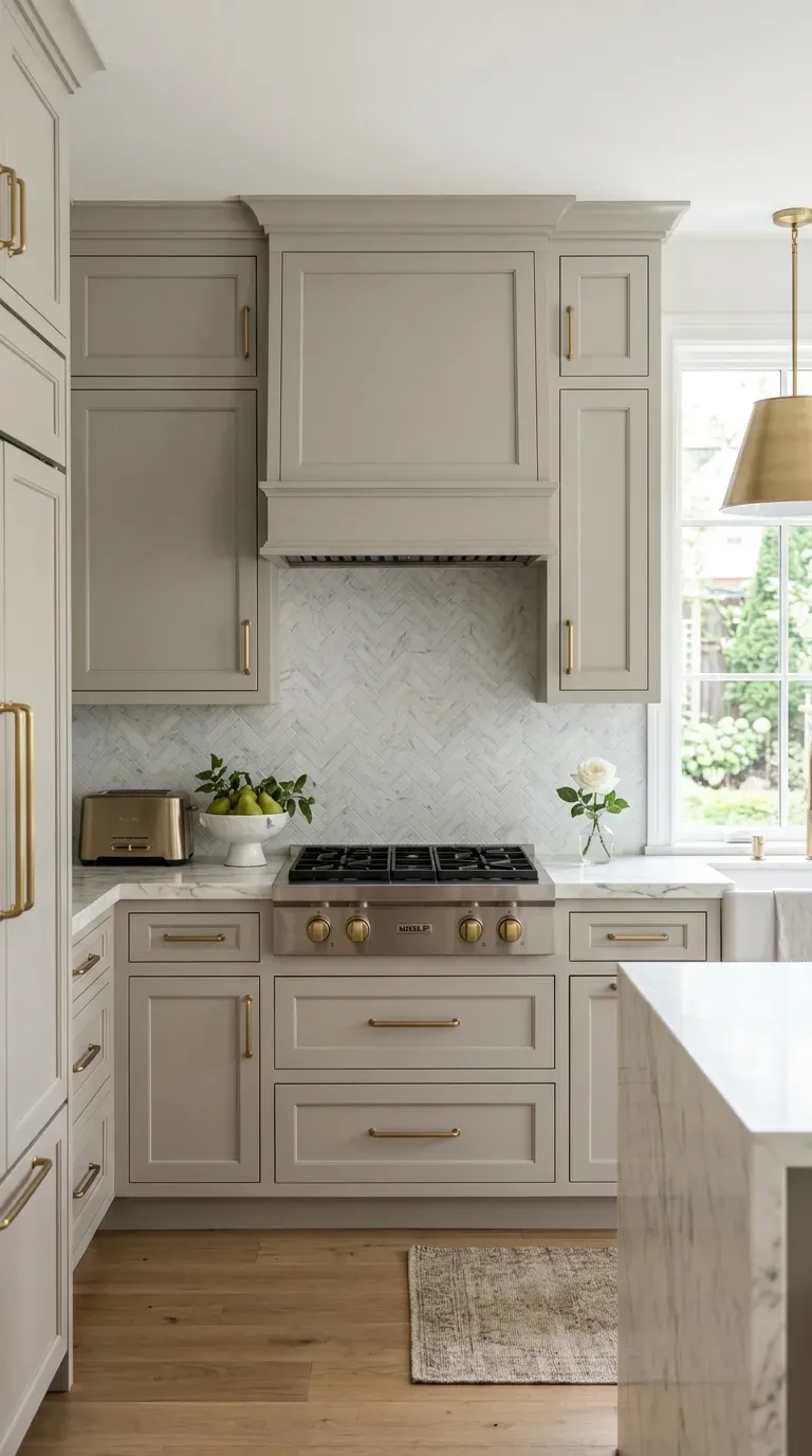 14 Genius Kitchen Color Palette Ideas You Need to Try 13 Greige kitchen cabinets adorned with elegant brushed brass hardware