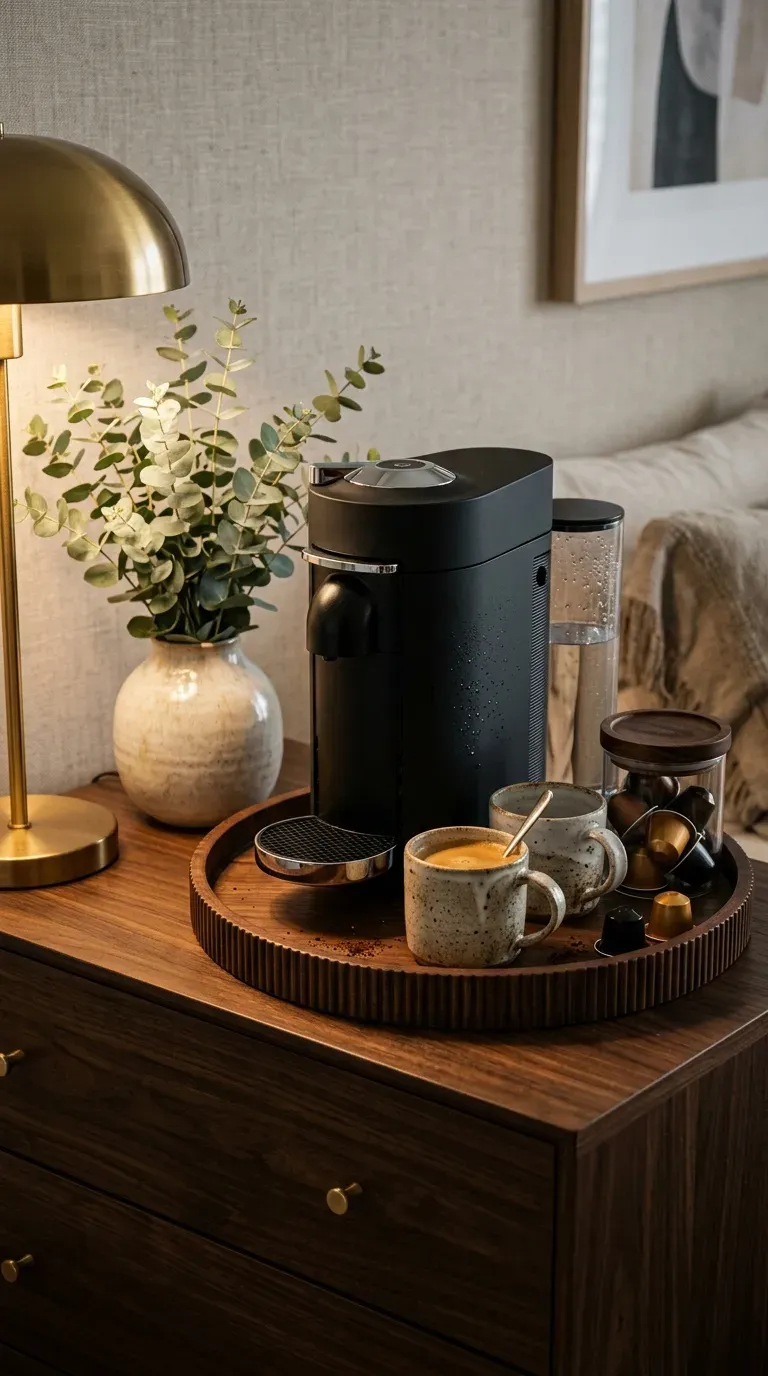 A small wooden tray with a sleek espresso maker and ceramic mugs