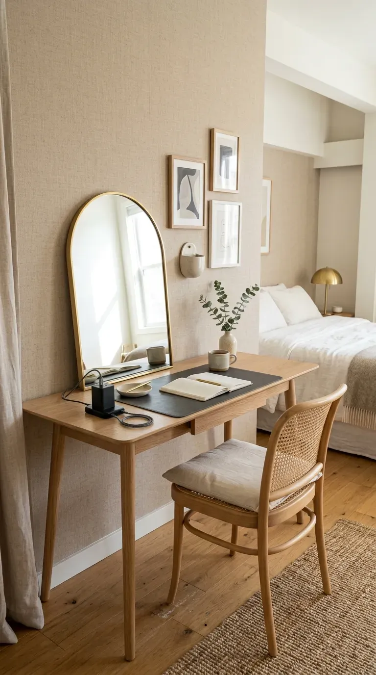 A slim modern writing desk serving as a vanity in a guest room