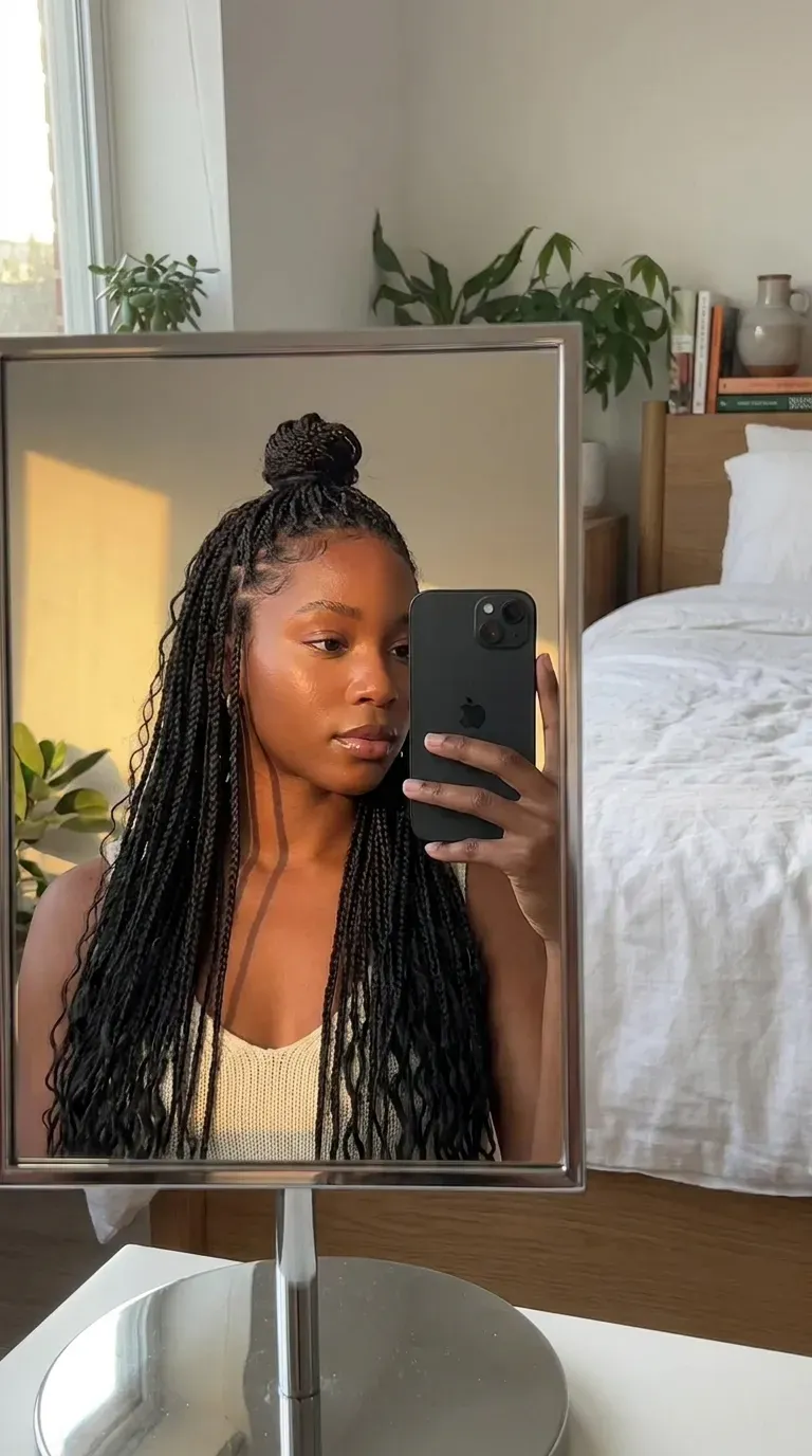 Woman with half-up half-down micro braids taking an iPhone mirror selfie.