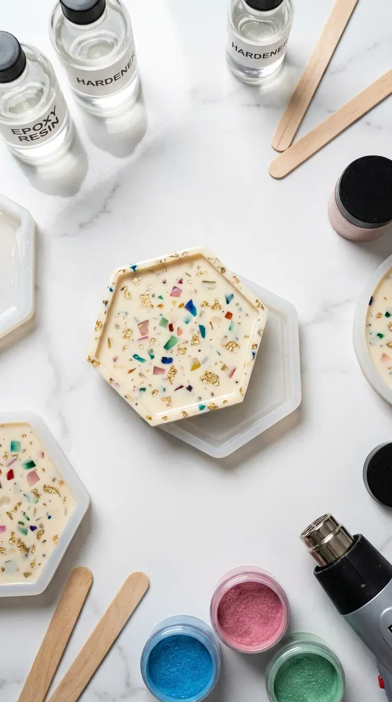 12 Stunning Adult Craft Kits That Will Boost Your Creativity 9 Polished terrazzo resin coasters resting alongside liquid resin bottles and silicone molds