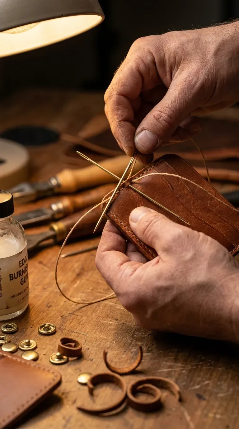 12 Stunning Adult Craft Kits That Will Boost Your Creativity 12 Hand stitching a cognac brown leather card holder with two needles and waxed thread