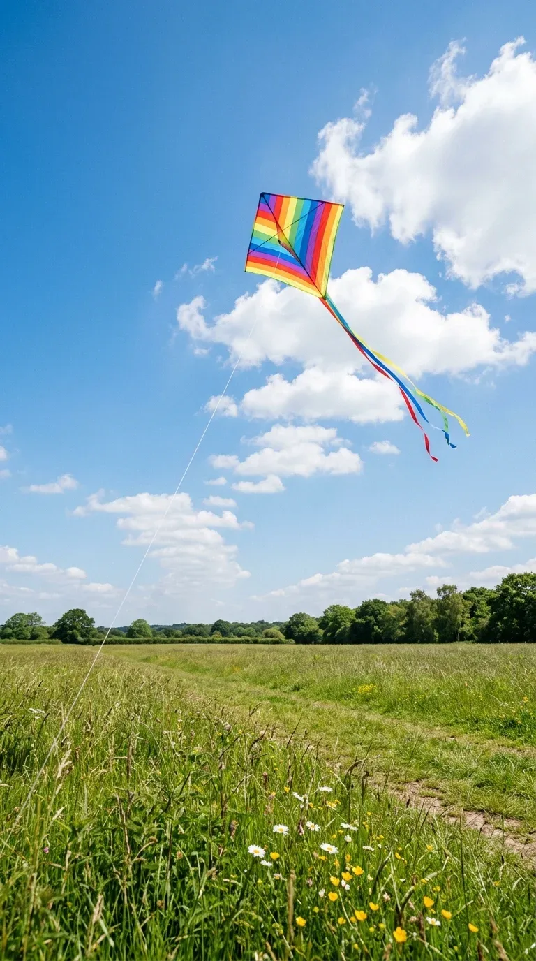 18 Fun Summer Craft Activities for Any Age 17 A handmade diamond kite decorated with bright colors flying against a clear summer sky