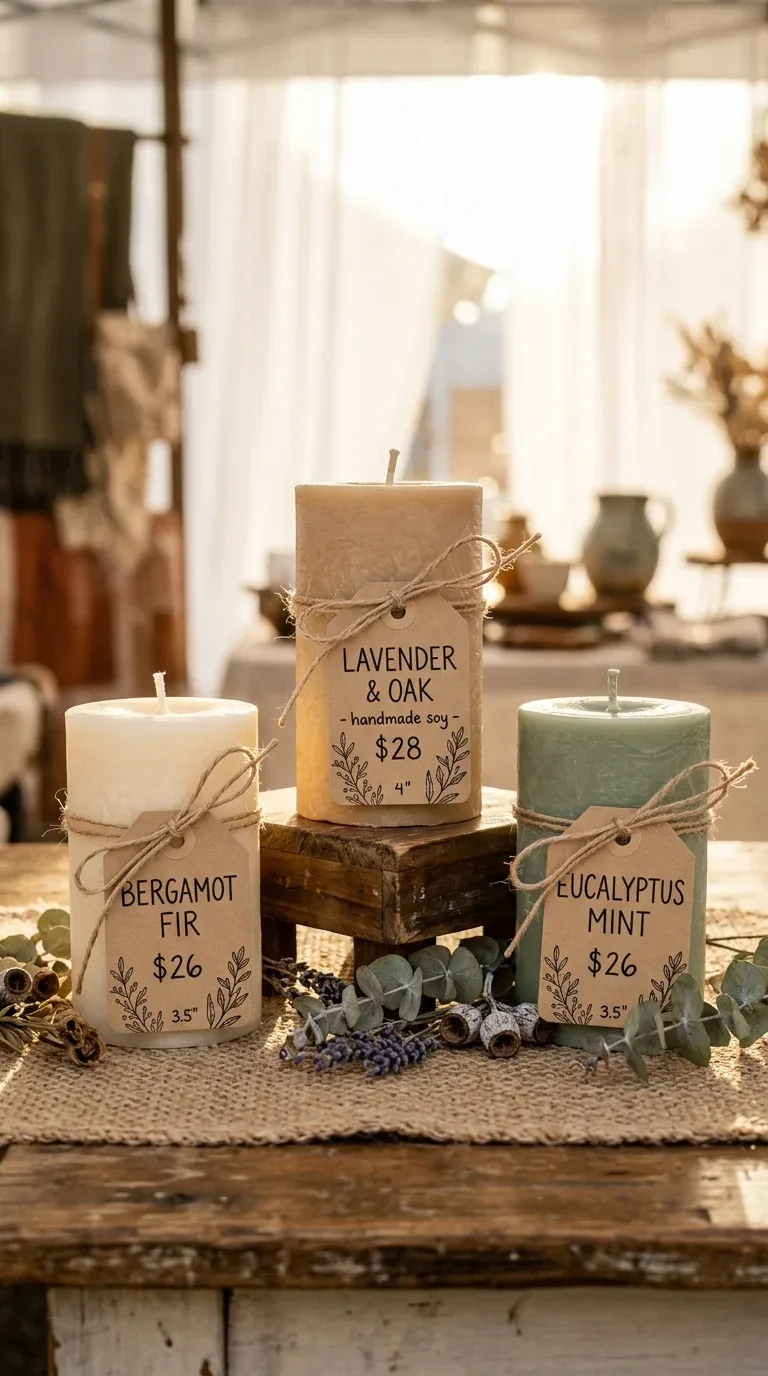 17 Creative Craft Booth Ideas for First-Time Vendors 6 Handmade goods displayed with handwritten kraft paper price tags on twine at a craft booth