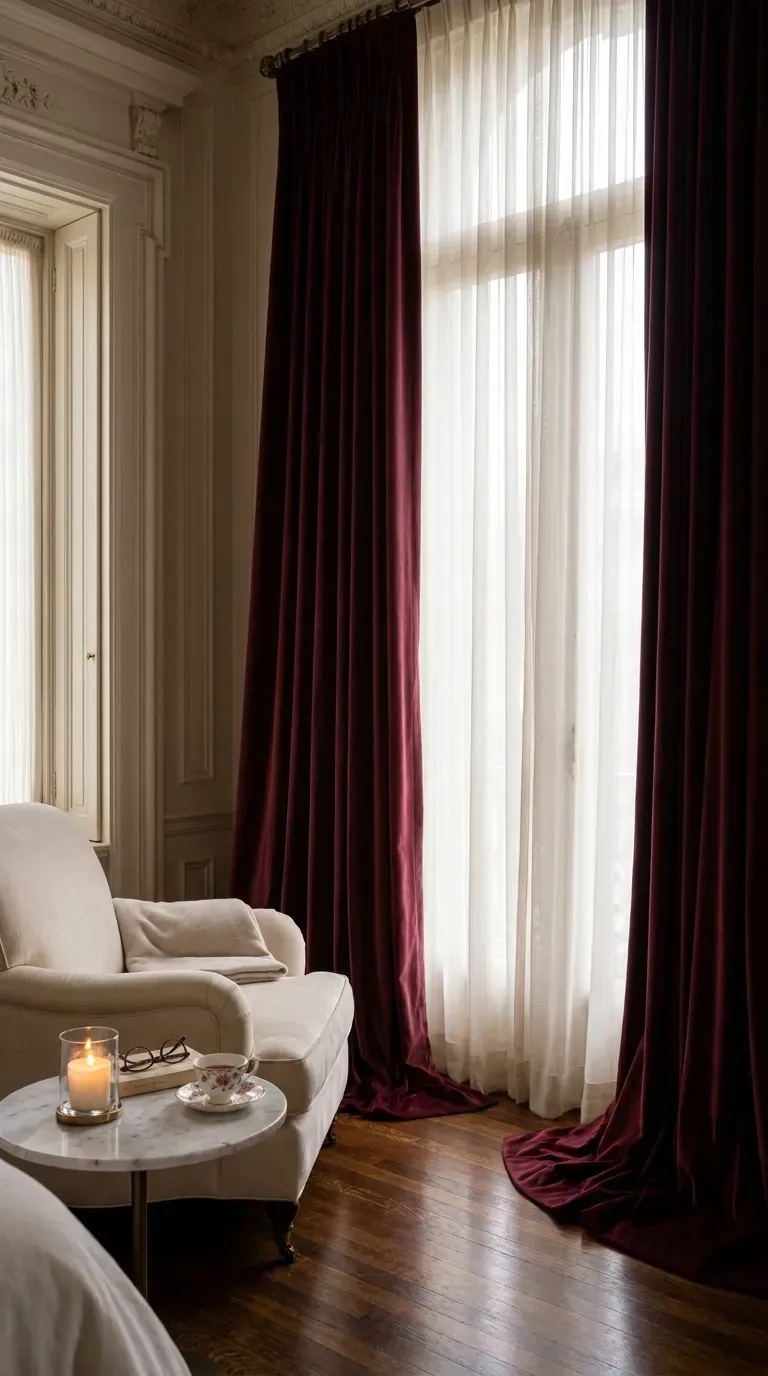 Sweeping floor-to-ceiling burgundy velvet drapes framing a bedroom window