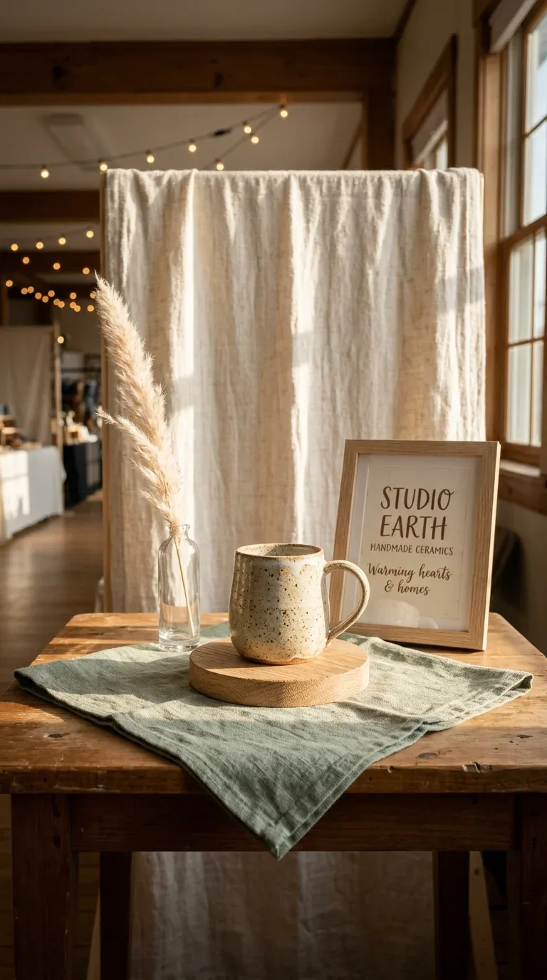 17 Creative Craft Booth Ideas for First-Time Vendors 16 A beautifully styled hero product vignette at eye level at a craft fair booth