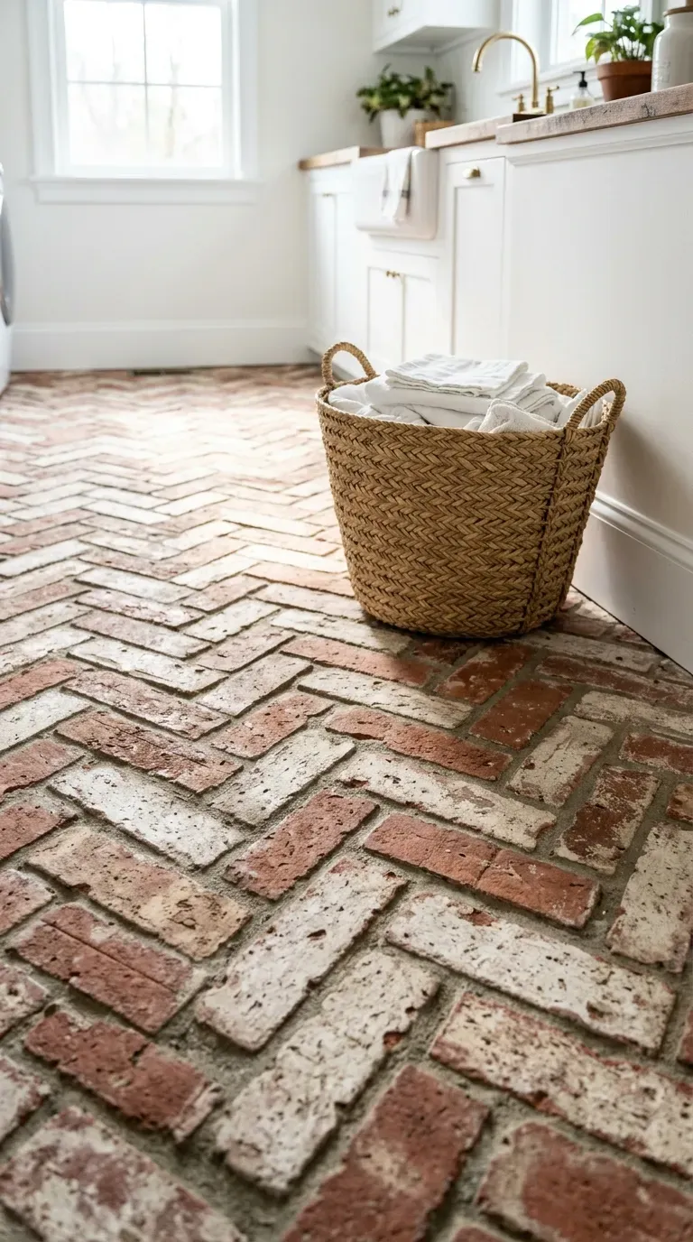 A laundry room floor featuring a beautiful reclaimed brick herringbone pattern