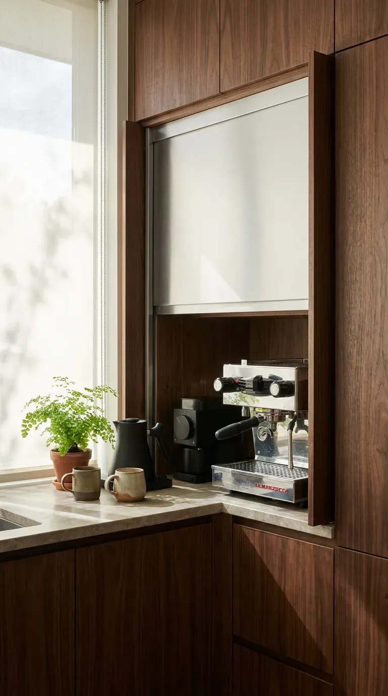 15 Genius Coffee Corner Ideas You Need to Try 2 Sleek kitchen cabinet hiding a modern coffee espresso machine