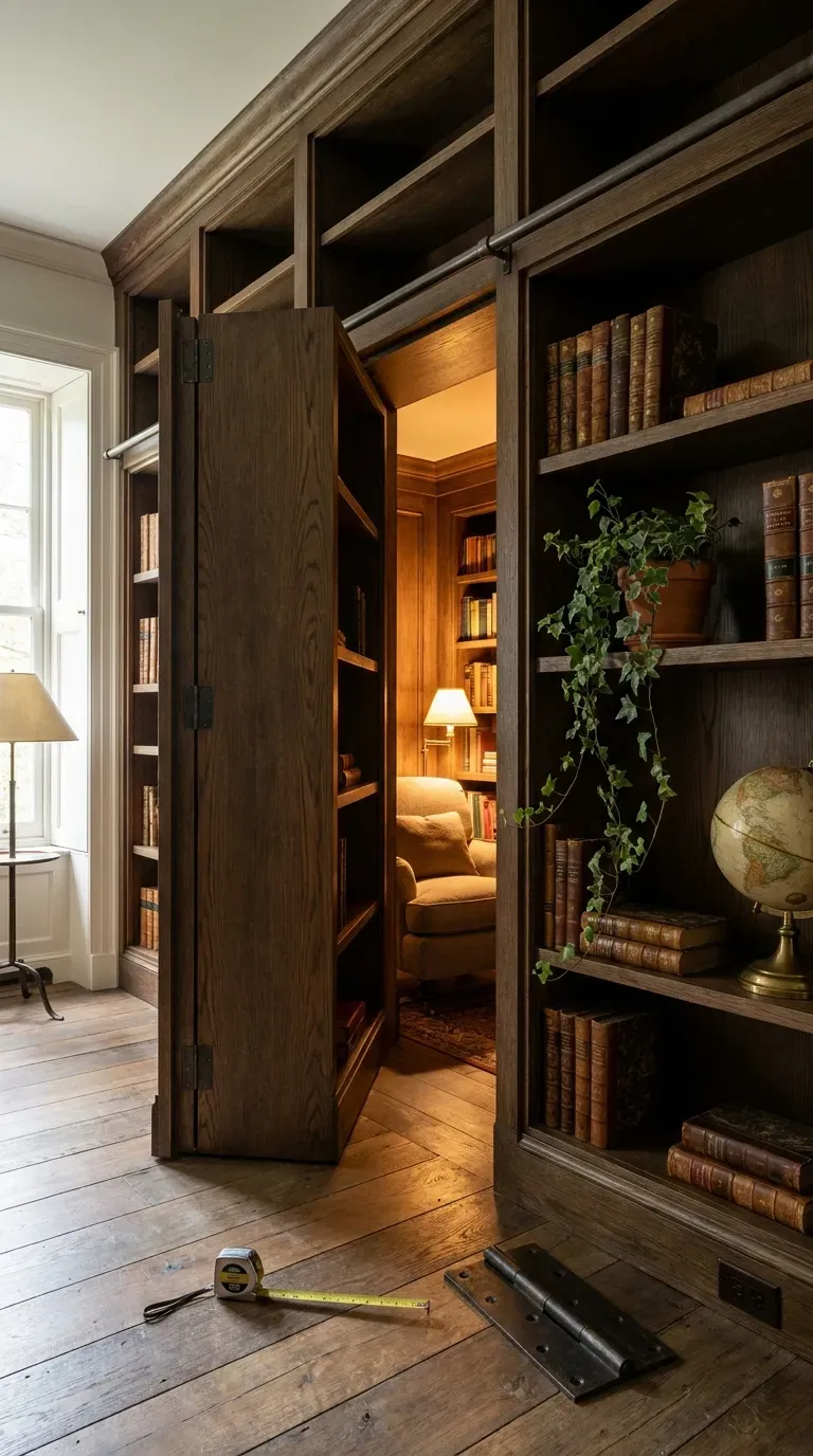 13 Genius Interior Door Makeovers You Need to Try 12 A custom wooden bookshelf slightly pushed open to reveal a hidden secret room