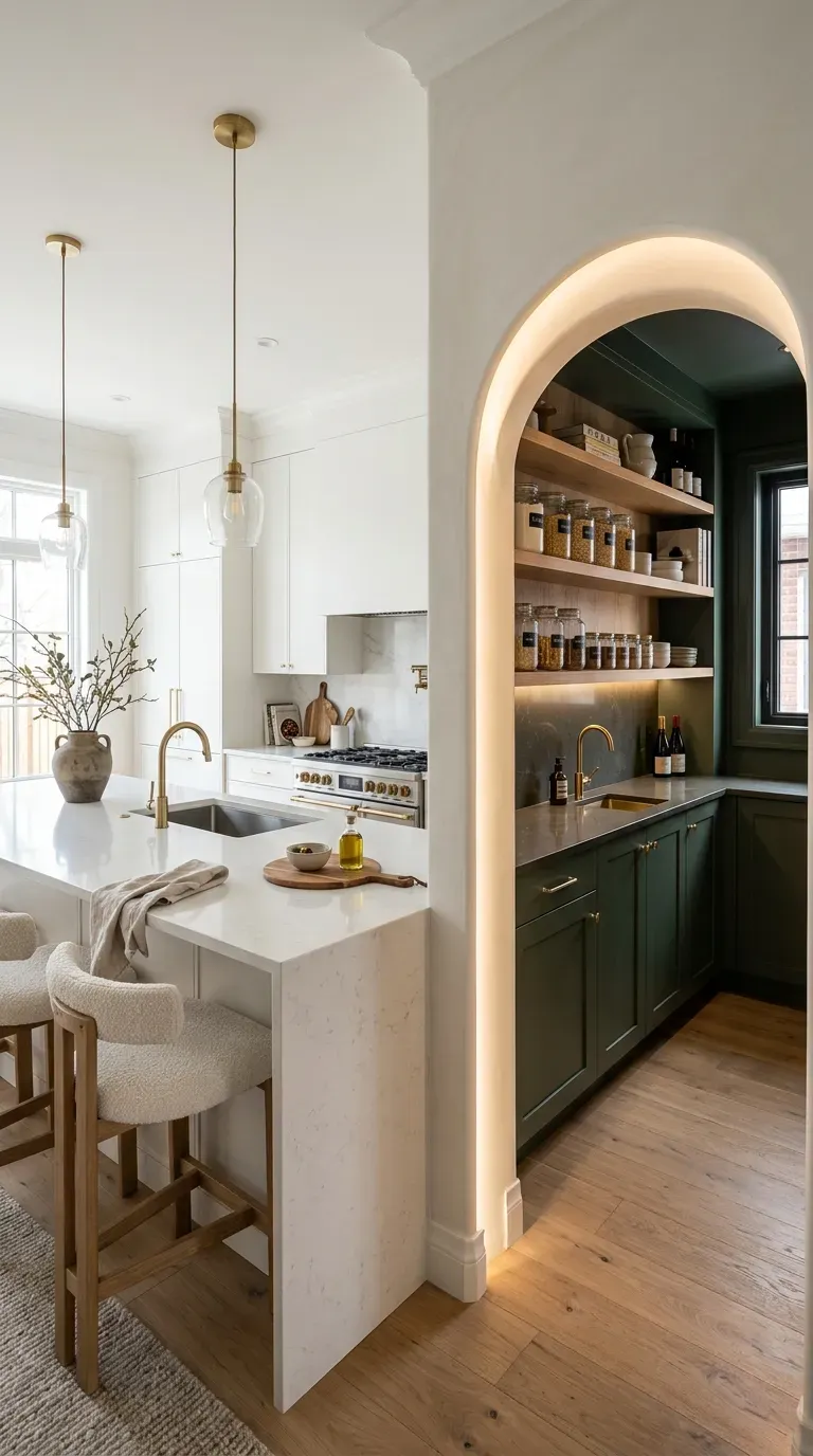 An open kitchen revealing a glimpse of a hidden working pantry
