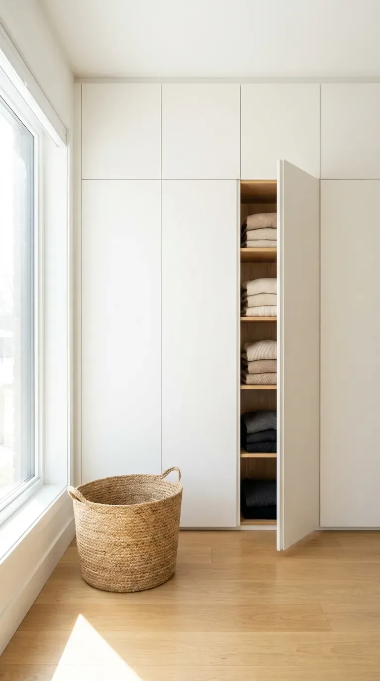 Seamless, handle-less white built-in storage closets in a modern room